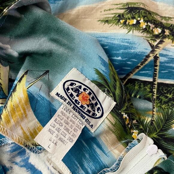 Vintage Hawaii Dress SZ L Blue Green Boat Palm Design - Picture 7 of 7
